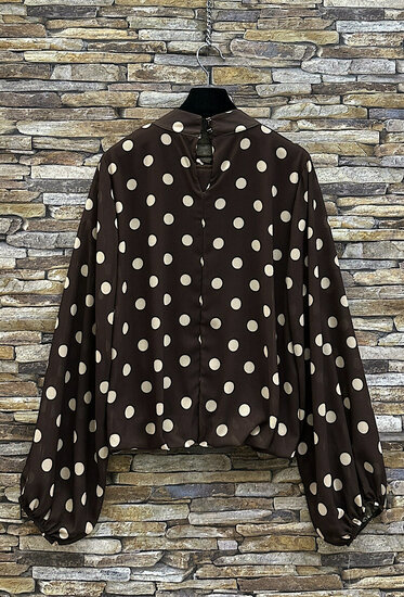 Elegante bruine blouse met beige stippen en volumineuze mouwen
