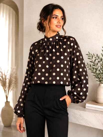 Elegante bruine blouse met beige stippen en volumineuze mouwen