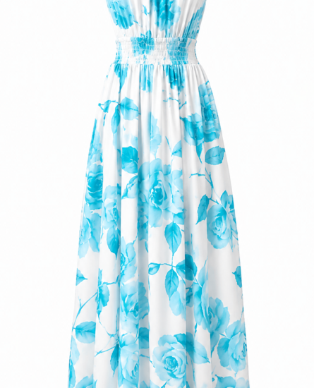 Trendy en chique armloze maxi halterjurk in blauw-wit