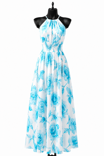 Trendy en chique armloze maxi halterjurk in blauw-wit