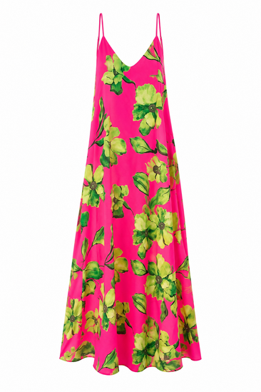 Roze maxi-jurk met groene bloemenprint