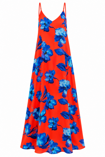 Oranje maxi-jurk met blauwe bloemenprint