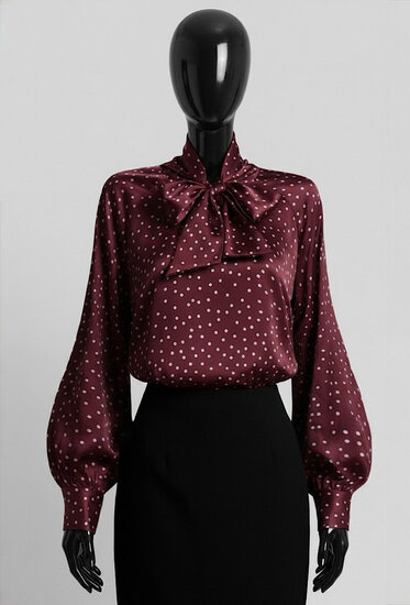 Elegante bordeaux blouse met stippen en strik