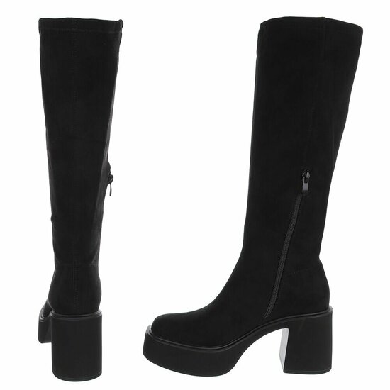 Zwarte suede hoge laarzen met plateauzool en brede hak-Chellie