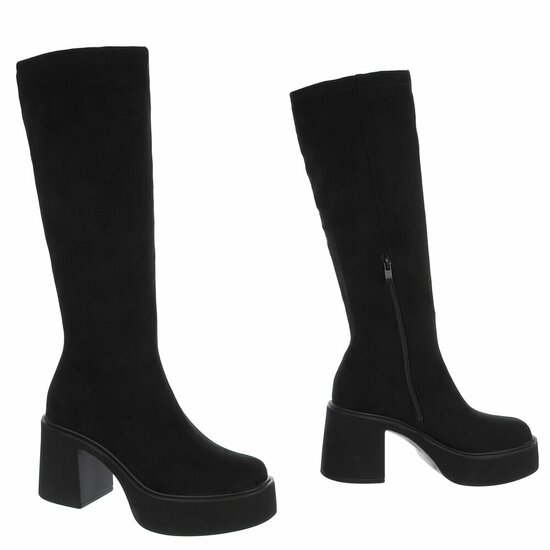 Zwarte suede hoge laarzen met plateauzool en brede hak-Chellie