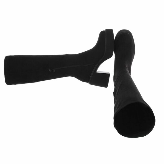 Zwarte suede hoge laarzen met plateauzool en brede hak-Chellie