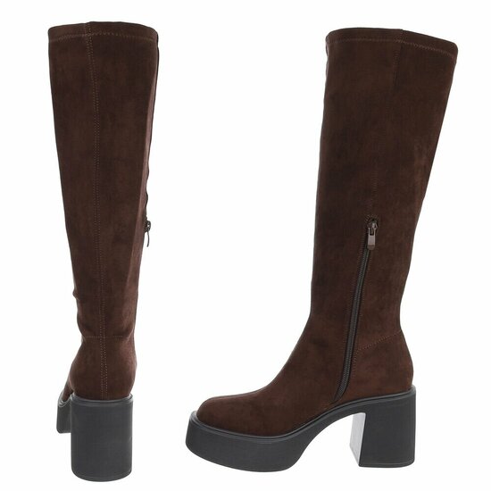 Bruine suede hoge laarzen met plateauzool en brede hak-Chellie