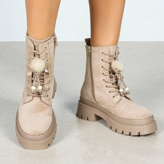 Kaki suède veterboots met plateauzool en sierlijke veters-Chelsy