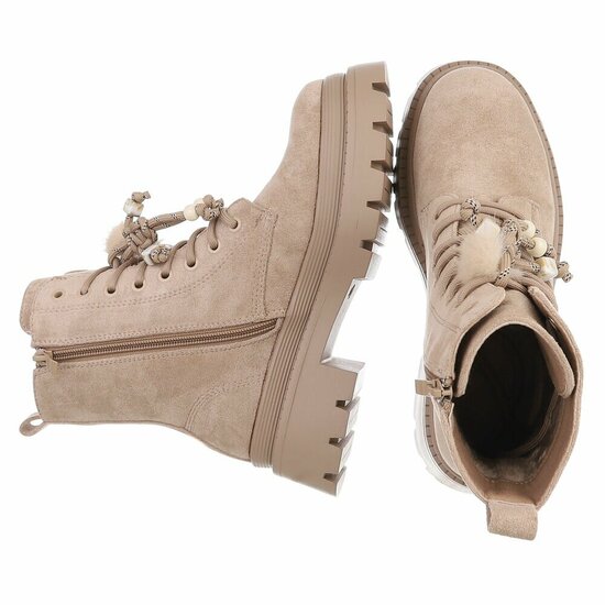 Kaki suède veterboots met plateauzool en sierlijke veters-Chelsy