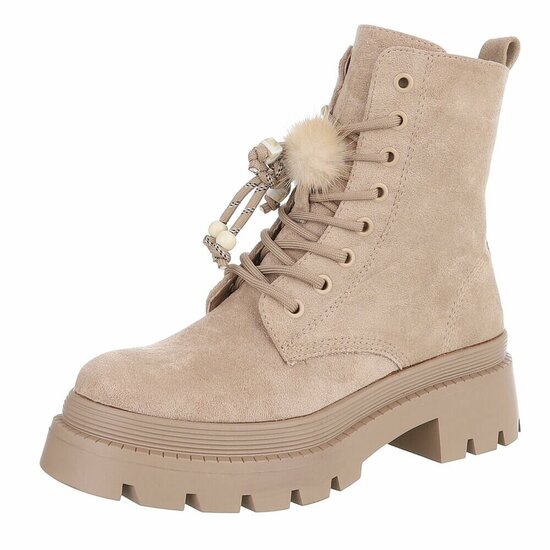 Kaki suède veterboots met plateauzool en sierlijke veters-Chelsy