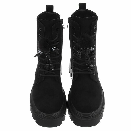 Zwarte suède veterboots met plateauzool en sierlijke veters-Chelsy