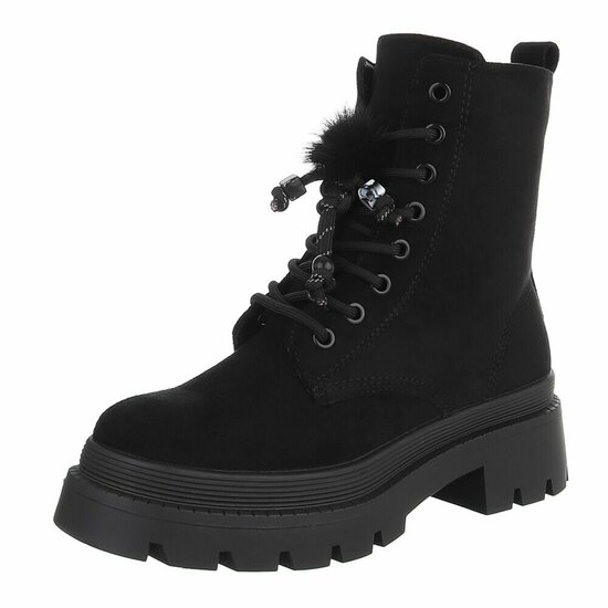 Zwarte suède veterboots met plateauzool en sierlijke veters-Chelsy