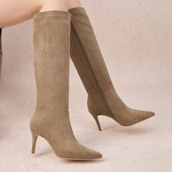 Elegante kaki suède kniehoge laars-Giuseppina