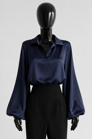 Luxe donkerblauwe satijnen blouse – Made in Italy