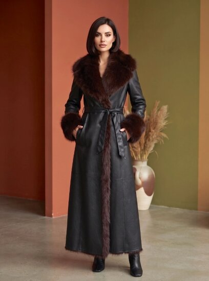 Mantel leatherlook met bruin bont