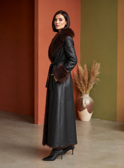 Mantel leatherlook met bruin bont