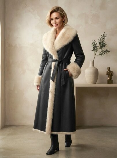 Mantel leatherlook met beige bont