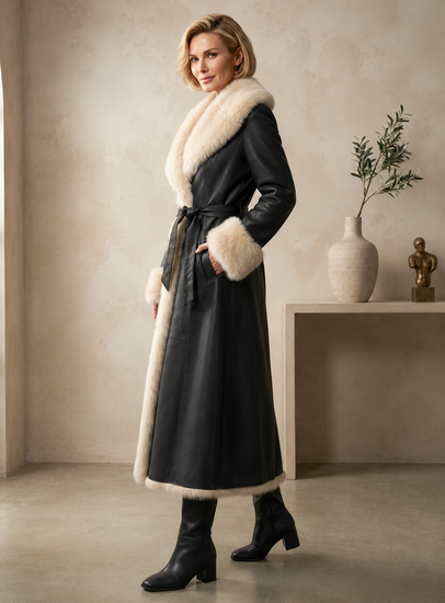 Mantel leatherlook met beige bont