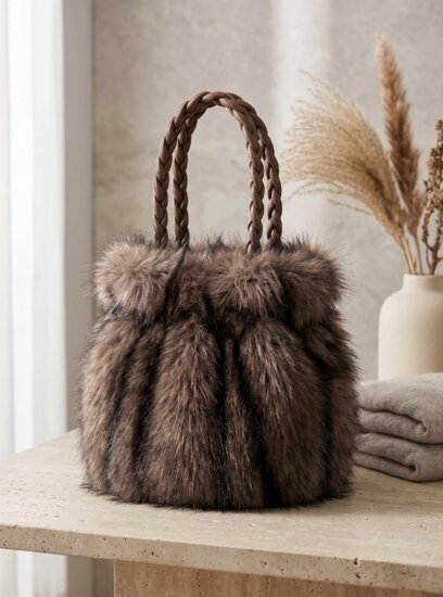 Luxe handtas van imitatiebont taupe