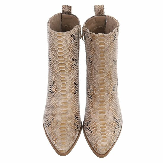 Beige enkellaarsjes met slangenprint en blokhak-Cherita