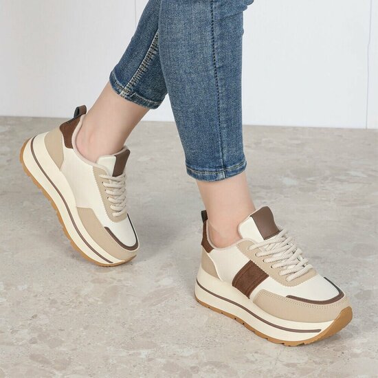 Dames sneaker kaki bruin met plateauzool-Doha