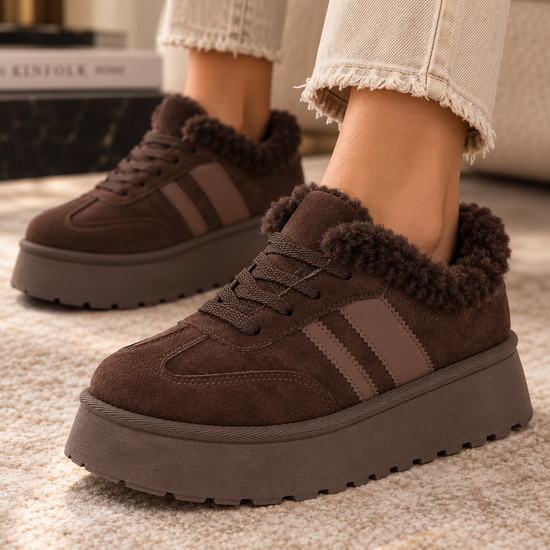 Dames sneakers donkerbruin met warme voering en plateauzool-Celine