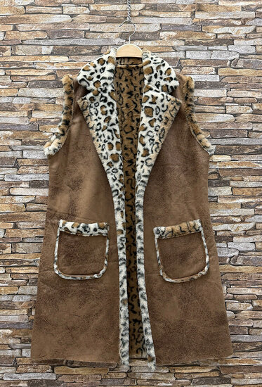 Dames bodywarmer caramel bruin met luipaardprint en zachte voering