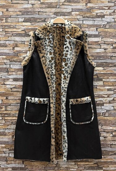 Dames bodywarmer zwart met luipaardprint en zachte voering