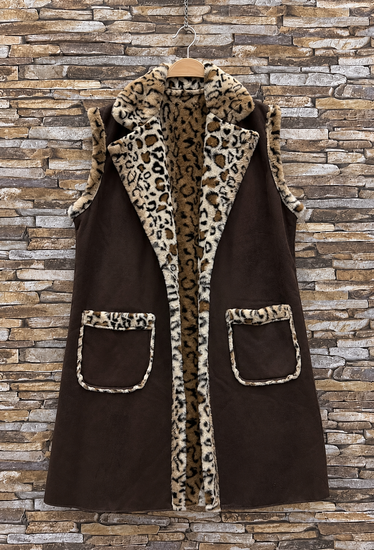Dames bodywarmer donkerbruin met luipaardprint en zachte voering