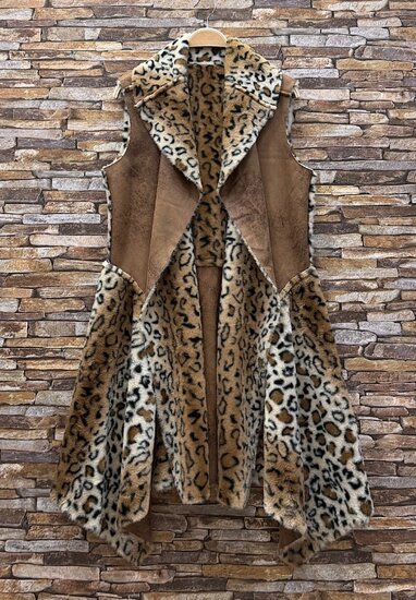 Dames bodywarmer in caramel-bruine met luipaardprint en zachte voering