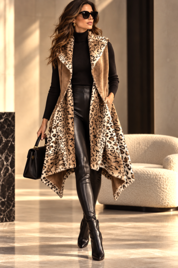 Dames bodywarmer in caramel-bruine met luipaardprint en zachte voering