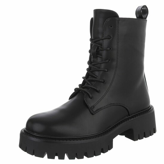 Zwarte chunky enkellaarzen met hak en veters-Delicia