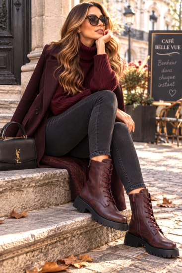 Bordeaux chunky enkellaarzen met hak en veters-Delicia