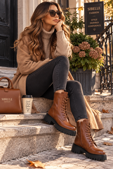 Camel chunky enkellaarzen met hak en veters-Delicia
