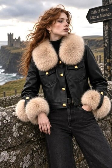 Luxe zwarte leatherlook jas met beige bontkraag
