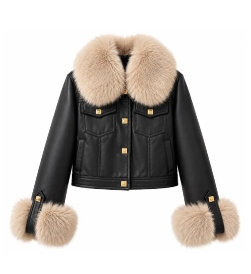Luxe zwarte leatherlook jas met beige bontkraag