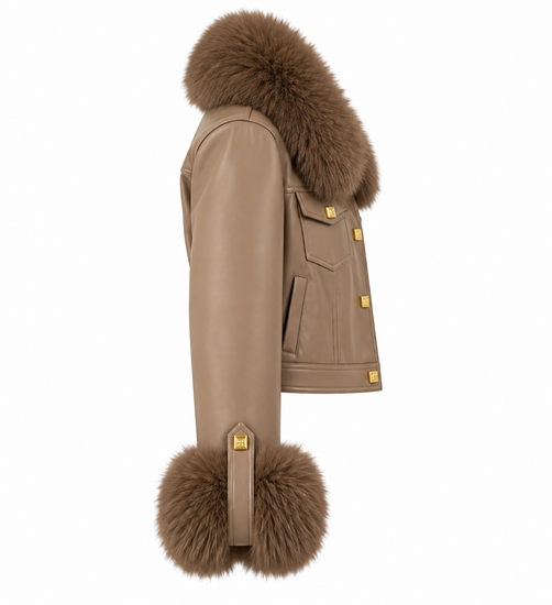 Luxe taupe leatherlook jas met taupe bontkraag