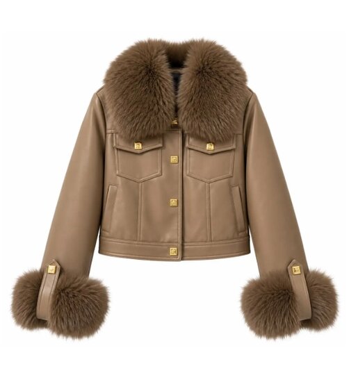 Luxe taupe leatherlook jas met taupe bontkraag