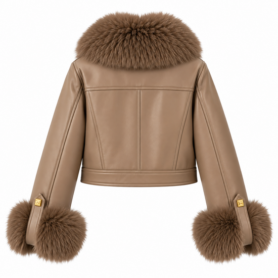 Luxe taupe leatherlook jas met taupe bontkraag