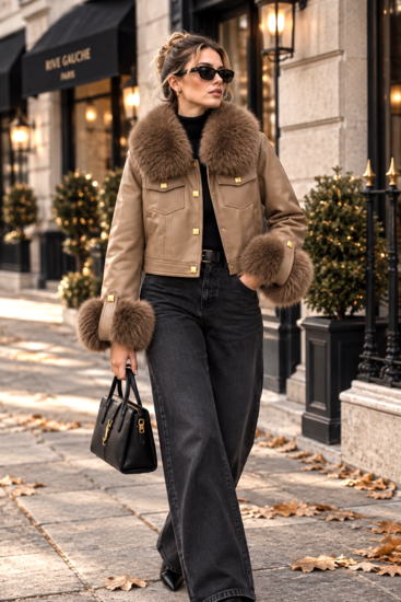 Luxe taupe leatherlook jas met taupe bontkraag