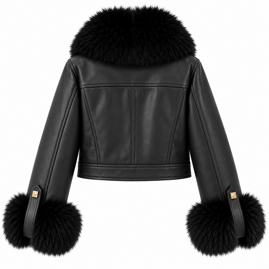 Luxe zwarte leatherlook jas met zwarte bontkraag