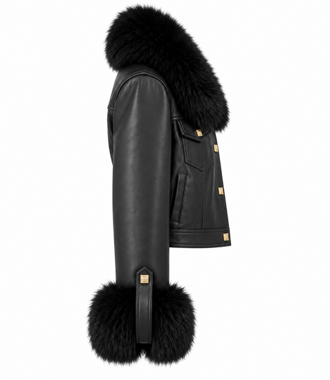 Luxe zwarte leatherlook jas met zwarte bontkraag