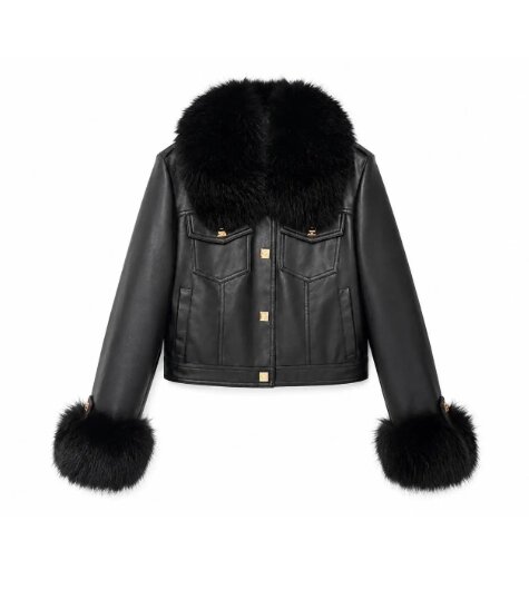 Luxe zwarte leatherlook jas met zwarte bontkraag