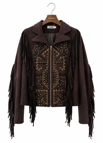 Luxe bruine suède jas met franjes en studs