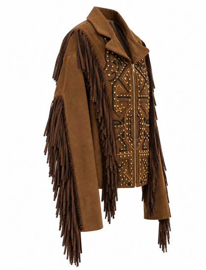 Luxe camel suède jas met franjes en studs