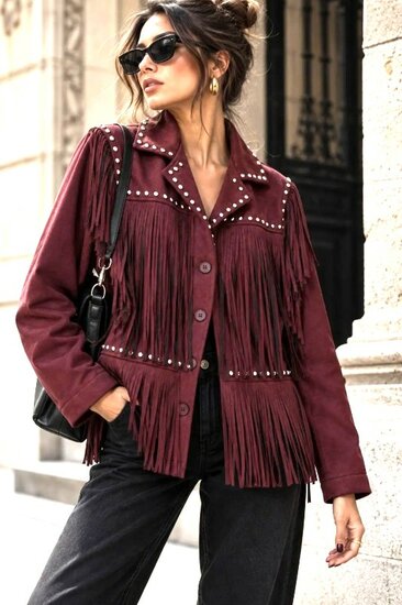 Bordeaux suède jas met franjes en studs