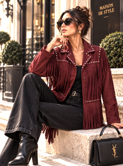 Bordeaux suède jas met franjes en studs