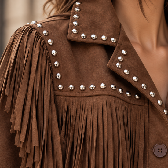 Bruine suède jas met franjes en studs