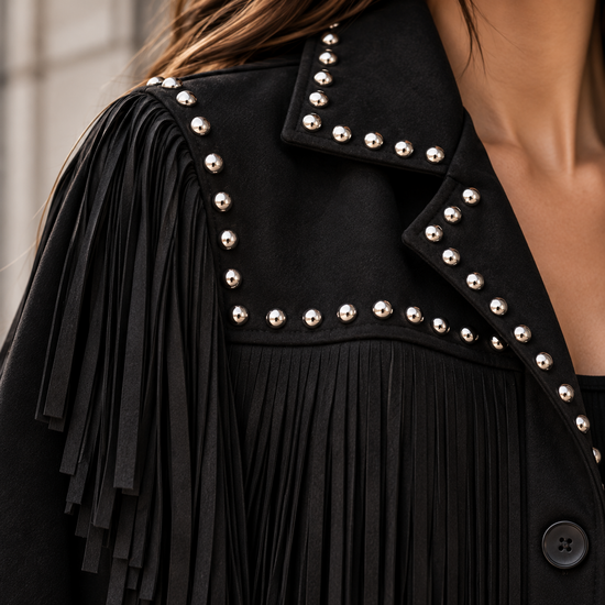 Zwarte suède jas met franjes en studs