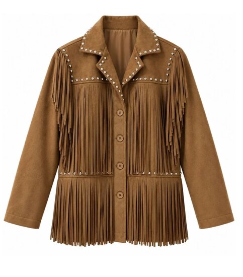 Camel suède jas met franjes en studs